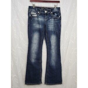 Ariya Jeans Womens 7/8 Blue Denim Low Rise Bootcut Distressed Stretch Stitch